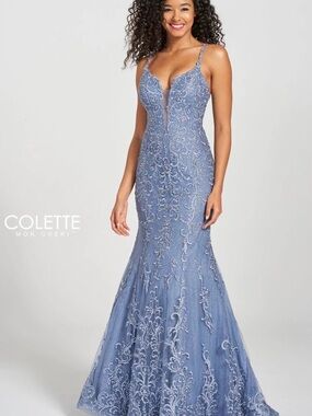 Colette Mon Cheri Dusty Blue Embellished Prom Gown